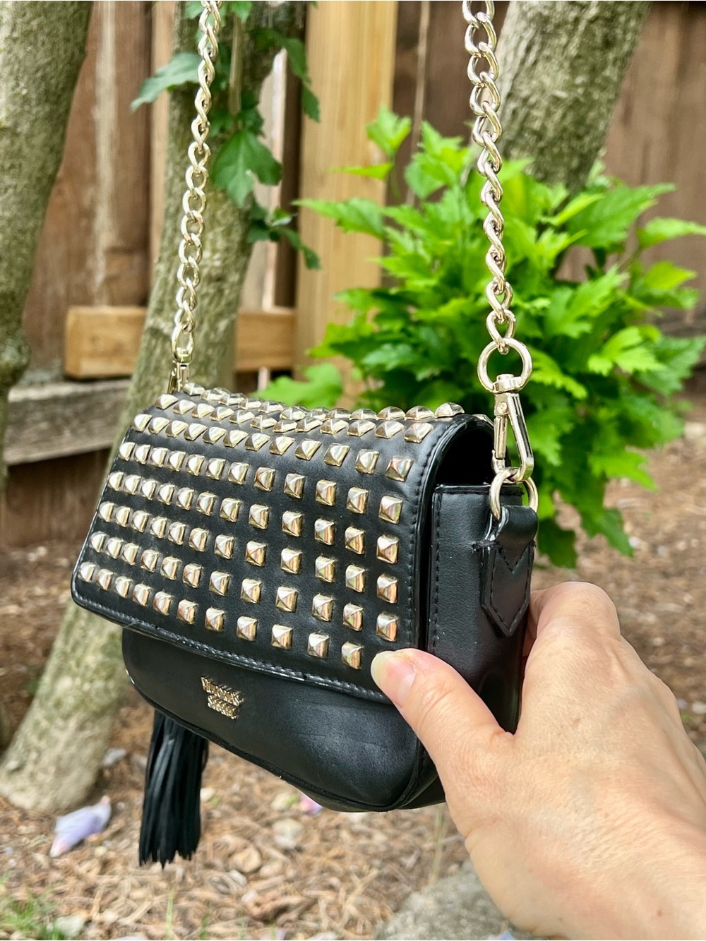Victorias Secret Crossbody Mini Bag Gold Studded Angels Heart Tassle Black